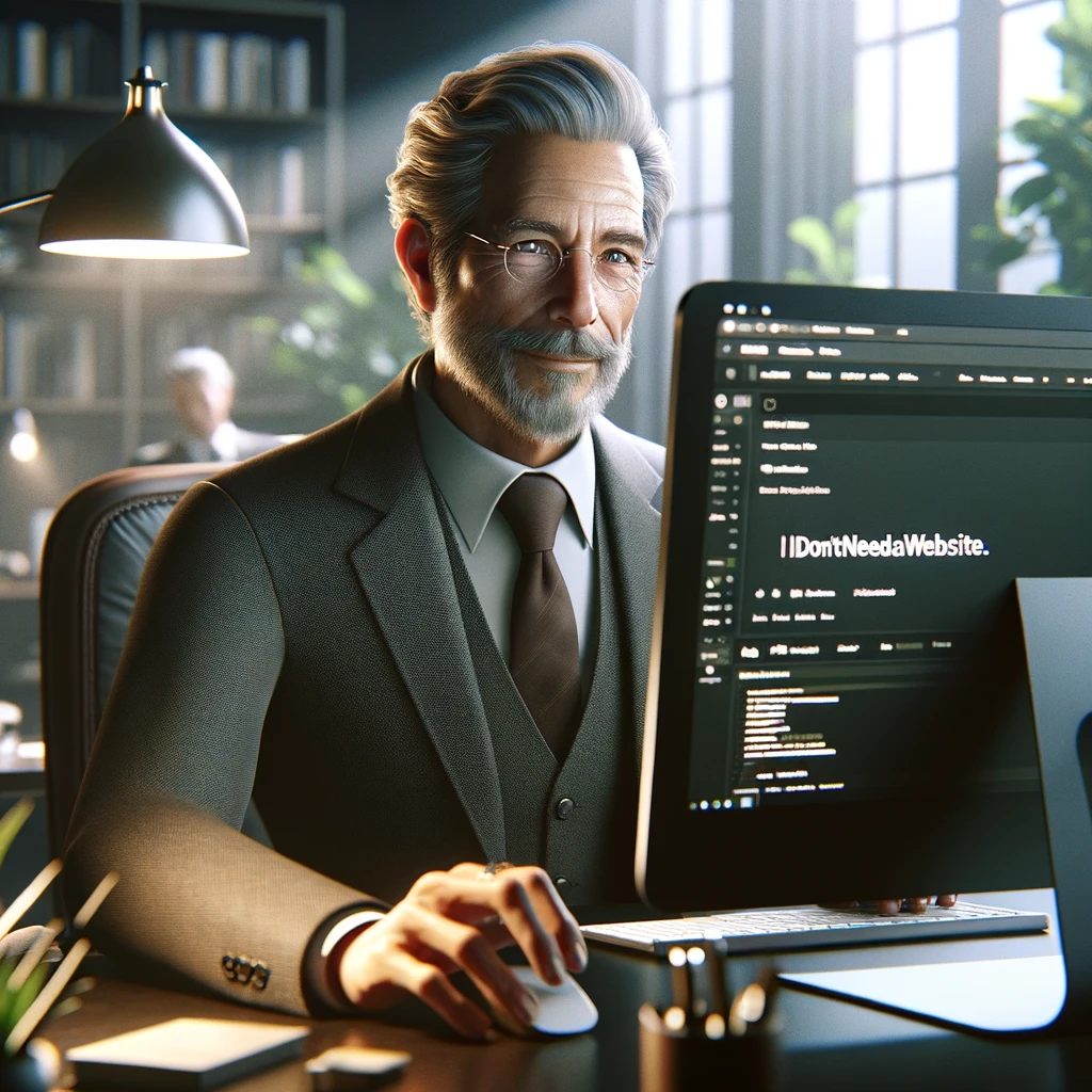 a hyperrealistic portrait of Mr. Webb Notneeded, now an experienced and wise entrepreneur in his late 50s. He sits with a refined grace at his computer.